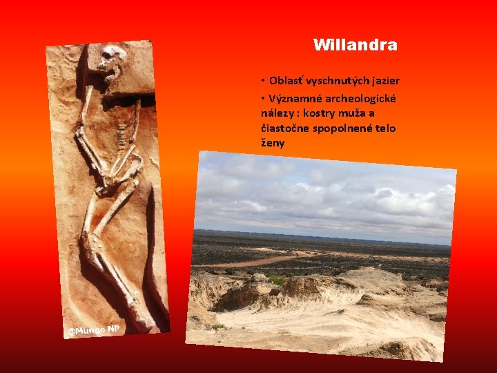 Willandra • Oblasť vyschnutých jazier • Významné archeologické nálezy : kostry muža a čiastočne