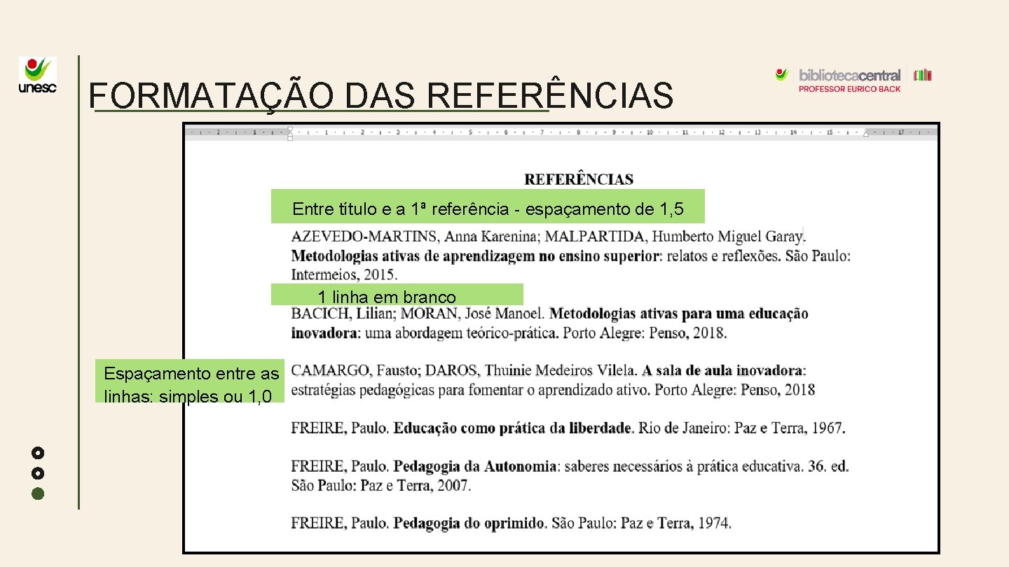 FORMATAÇÃO DAS REFERÊNCIAS Entre título e a 1ª referência - espaçamento de 1, 5