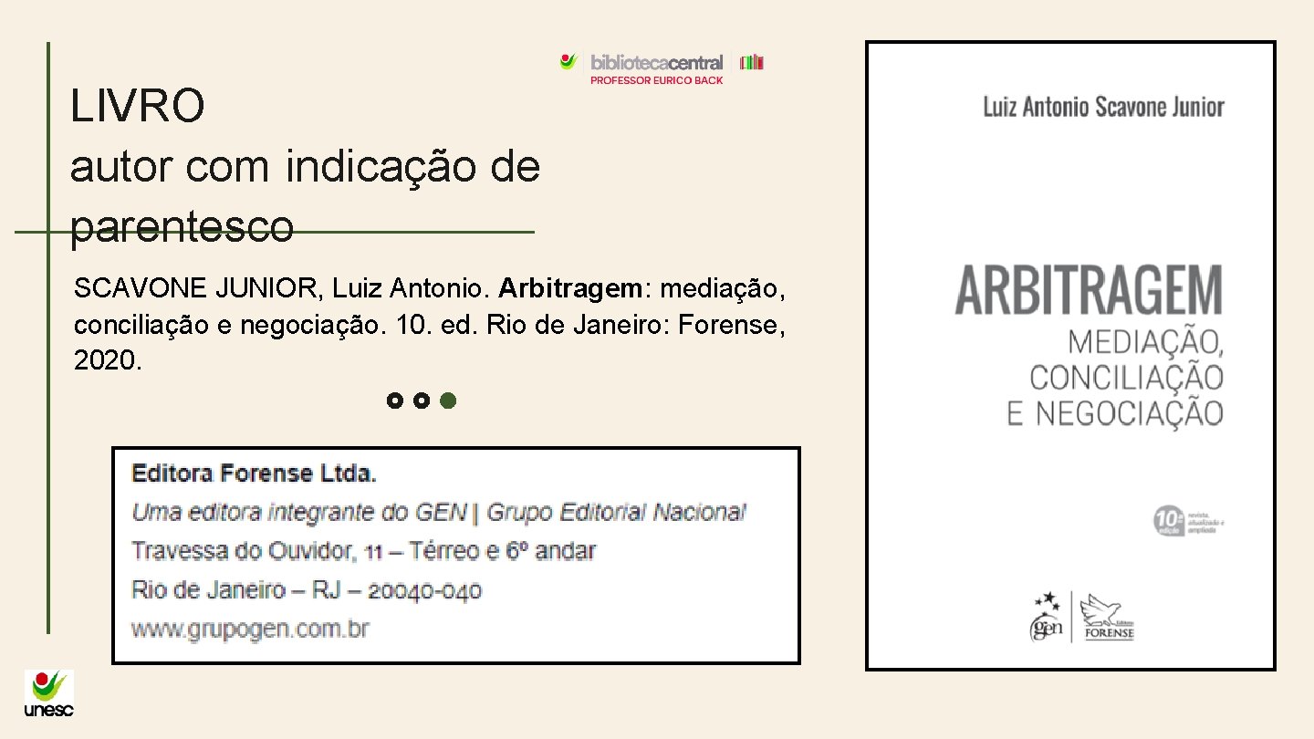 LIVRO autor com indicação de parentesco SCAVONE JUNIOR, Luiz Antonio. Arbitragem: mediação, conciliação e