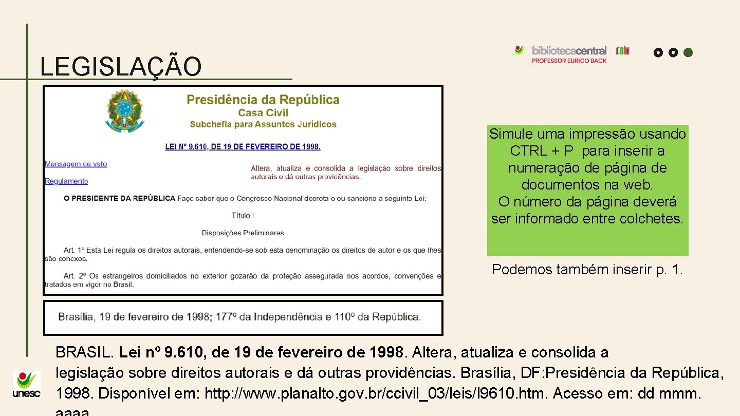 LEGISLAÇÃO Simule uma impressão usando CTRL + P para inserir a numeração de página