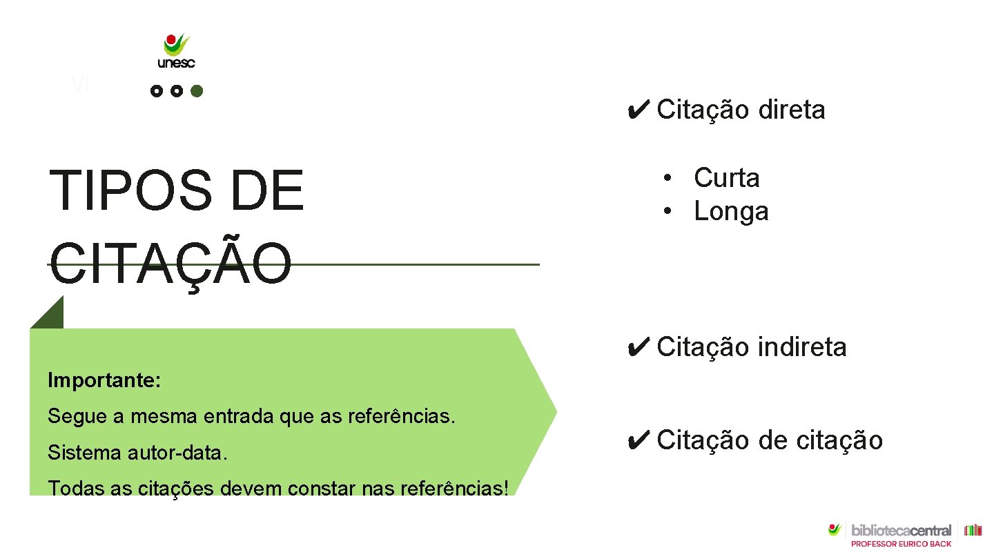 VI TIPOS DE CITAÇÃO ✔ Citação direta • Curta • Longa ✔ Citação indireta