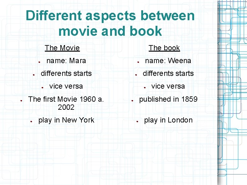 Different aspects between movie and book The Movie name: Mara ● ● ● vice