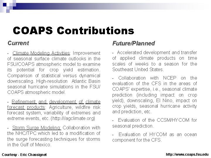 COAPS Contributions Current Future/Planned - Climate Modeling Activities: Improvement of seasonal surface climate outlooks