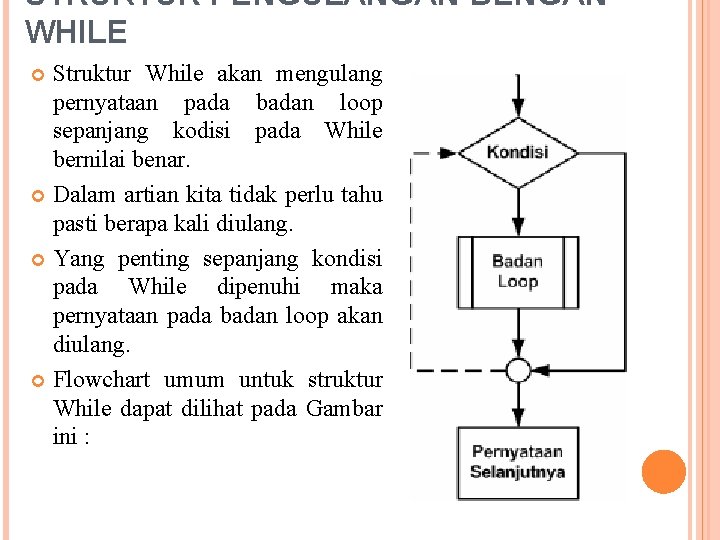 STRUKTUR PENGULANGAN DENGAN WHILE Struktur While akan mengulang pernyataan pada badan loop sepanjang kodisi