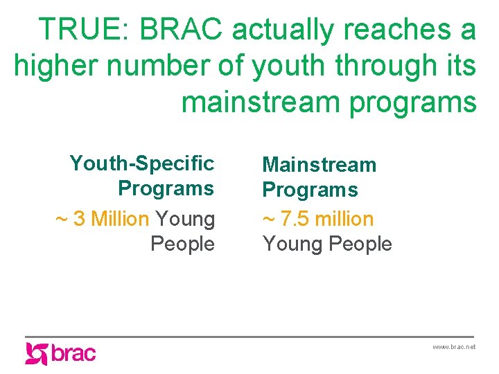 TRUE: BRAC actually reaches a higher number of youth through its mainstream programs Youth-Specific