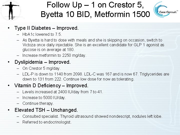 Follow Up – 1 on Crestor 5, Byetta 10 BID, Metformin 1500 • Type