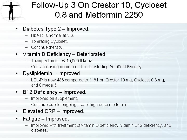 Follow-Up 3 On Crestor 10, Cycloset 0. 8 and Metformin 2250 • Diabetes Type