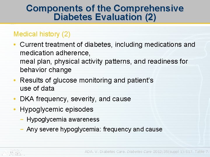 Components of the Comprehensive Diabetes Evaluation (2) Medical history (2) • Current treatment of