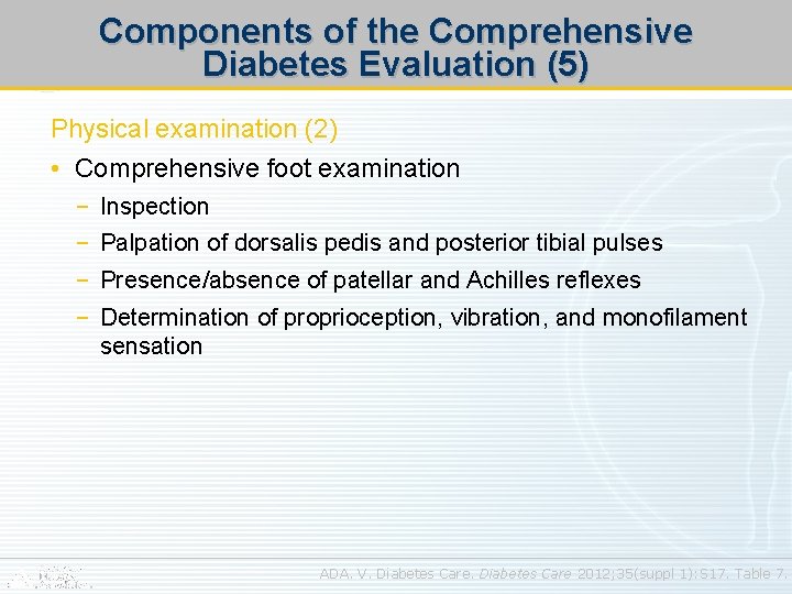 Components of the Comprehensive Diabetes Evaluation (5) Physical examination (2) • Comprehensive foot examination