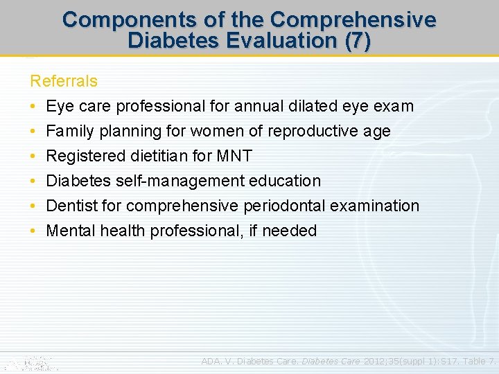 Components of the Comprehensive Diabetes Evaluation (7) Referrals • Eye care professional for annual