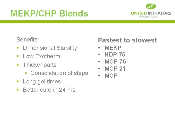 MEKP/CHP Blends Benefits: § Dimensional Stability § Low Exotherm § Thicker parts • Consolidation