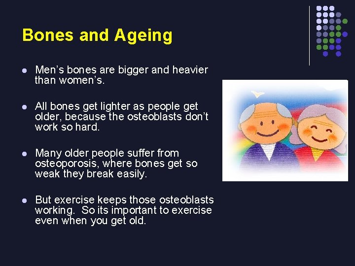 Bones and Ageing l Men’s bones are bigger and heavier than women’s. l All