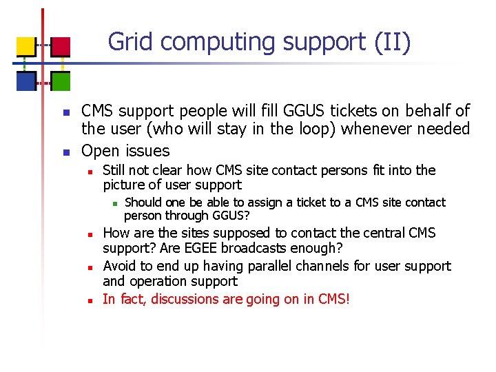 Grid computing support (II) n n CMS support people will fill GGUS tickets on
