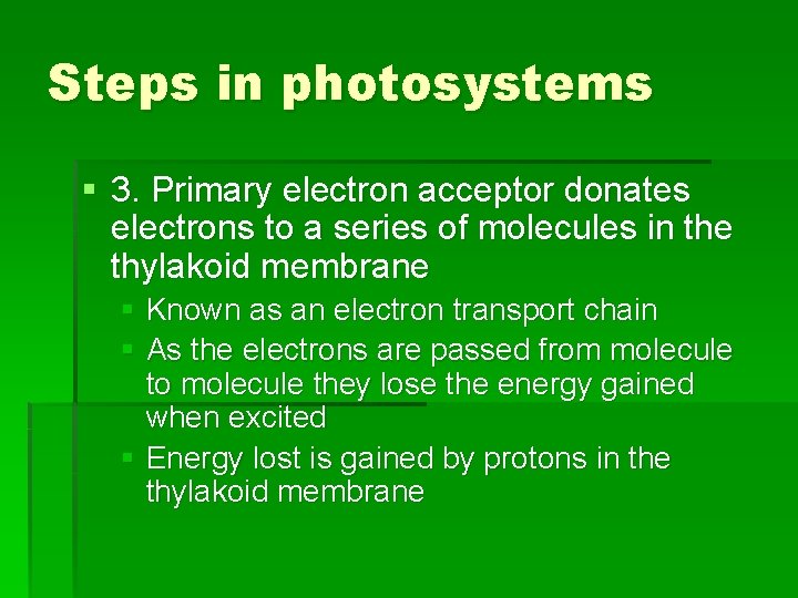 Steps in photosystems § 3. Primary electron acceptor donates electrons to a series of