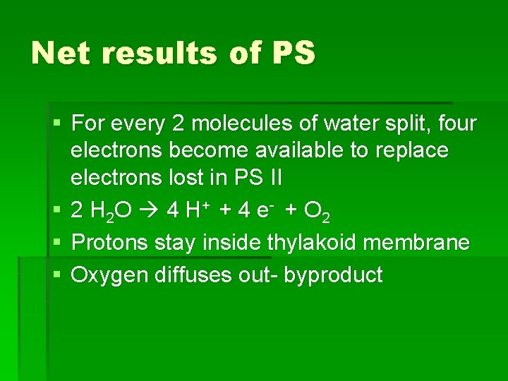 Net results of PS § For every 2 molecules of water split, four electrons