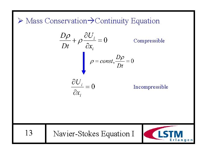 Ø Mass Conservation Continuity Equation Compressible Incompressible 13 Navier-Stokes Equation I 
