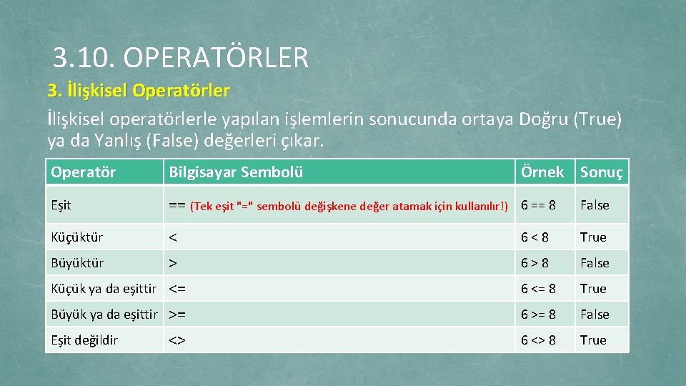 3. 10. OPERATÖRLER 3. İlişkisel Operatörler İlişkisel operatörlerle yapılan işlemlerin sonucunda ortaya Doğru (True)