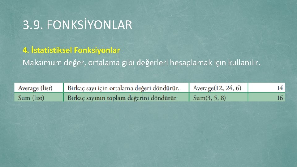 3. 9. FONKSİYONLAR 4. İstatistiksel Fonksiyonlar Maksimum değer, ortalama gibi değerleri hesaplamak için kullanılır.