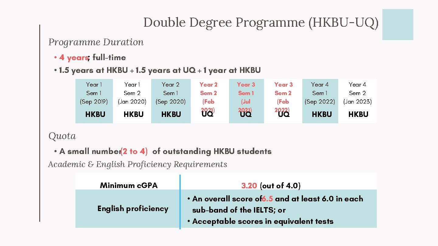 Double Degree Programme (HKBU-UQ) Programme Duration • 4 years; full-time • 1. 5 years