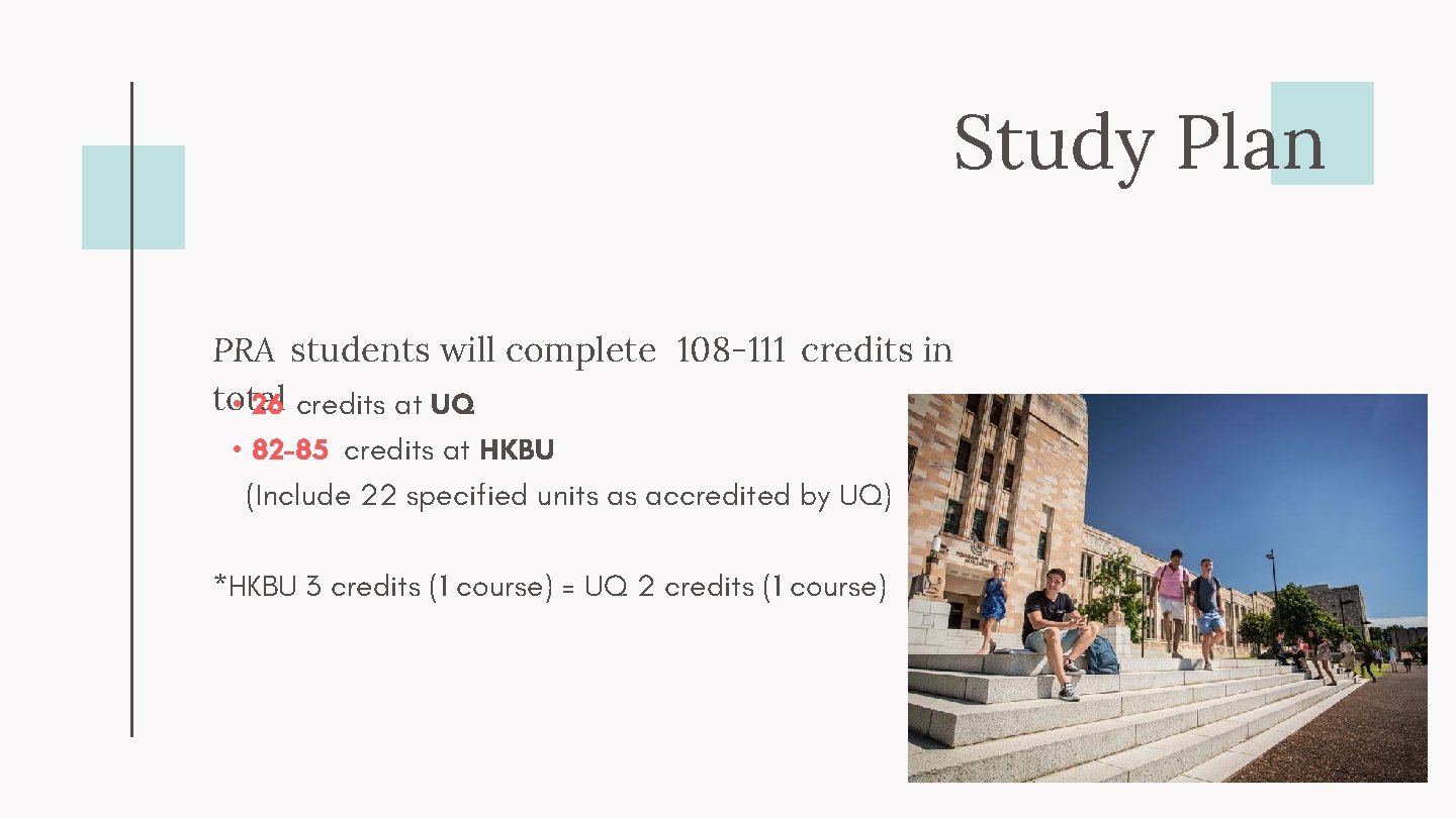 Study Plan PRA students will complete 108 -111 credits in total • 26 credits