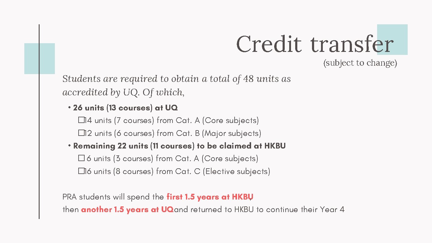Credit transfer (subject to change) Students are required to obtain a total of 48