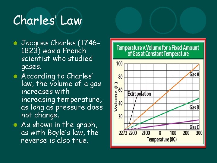 Charles’ Law Jacques Charles (17461823) was a French scientist who studied gases. l According
