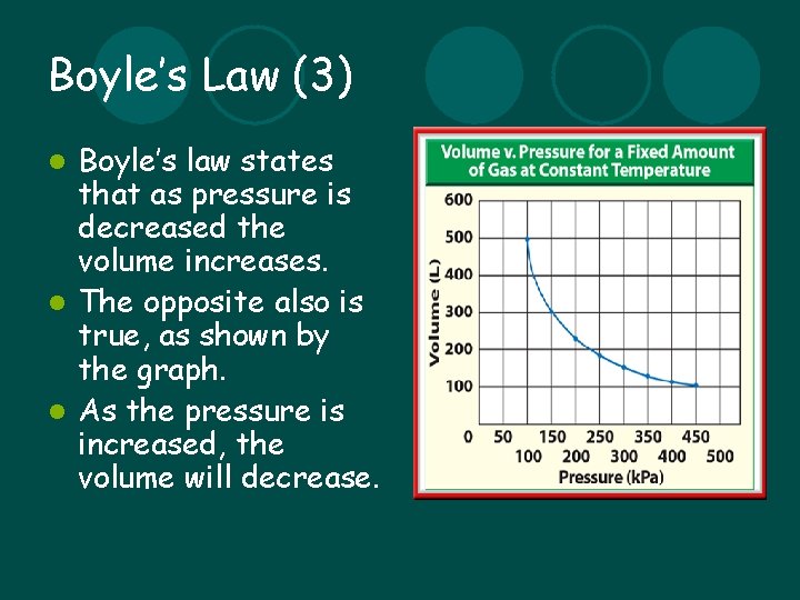 Boyle’s Law (3) Boyle’s law states that as pressure is decreased the volume increases.