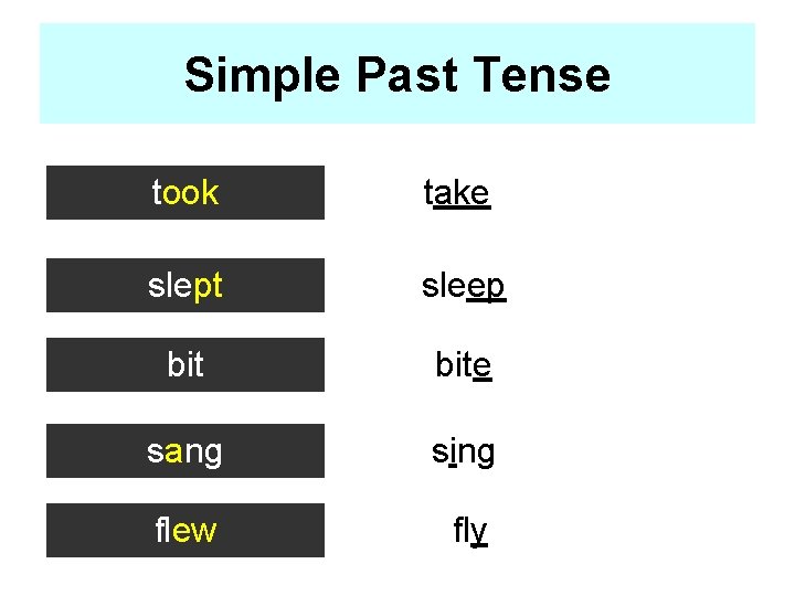 Simple Past Tense took take slept sleep bite sang sing flew fly 