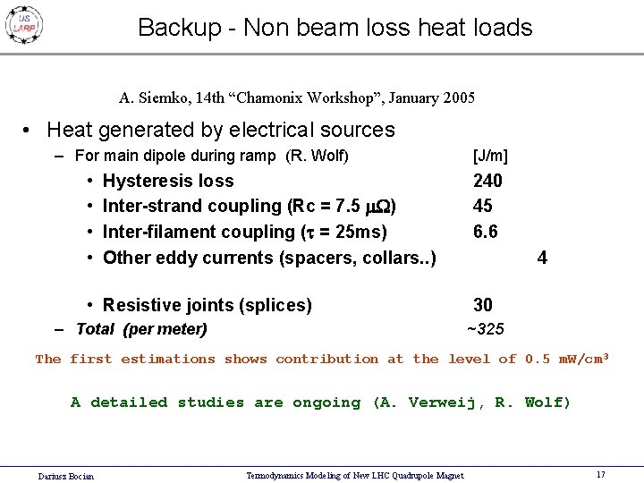 Backup - Non beam loss heat loads A. Siemko, 14 th “Chamonix Workshop”, January