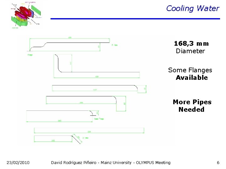 Cooling Water 168, 3 mm Diameter Some Flanges Available More Pipes Needed 23/02/2010 David