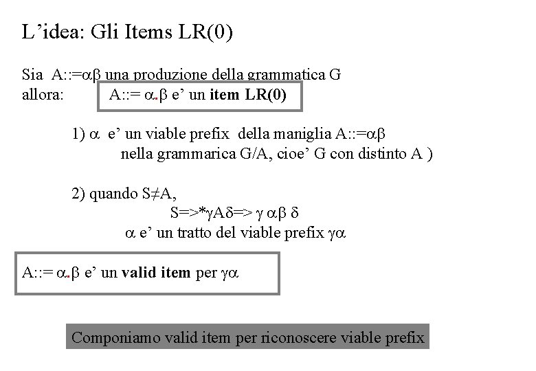 L’idea: Gli Items LR(0) Sia A: : = una produzione della grammatica G allora: