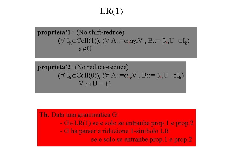 LR(1) proprieta’ 1: (No shift-reduce) ( Ik Coll(1)), ( A: : =. a ,