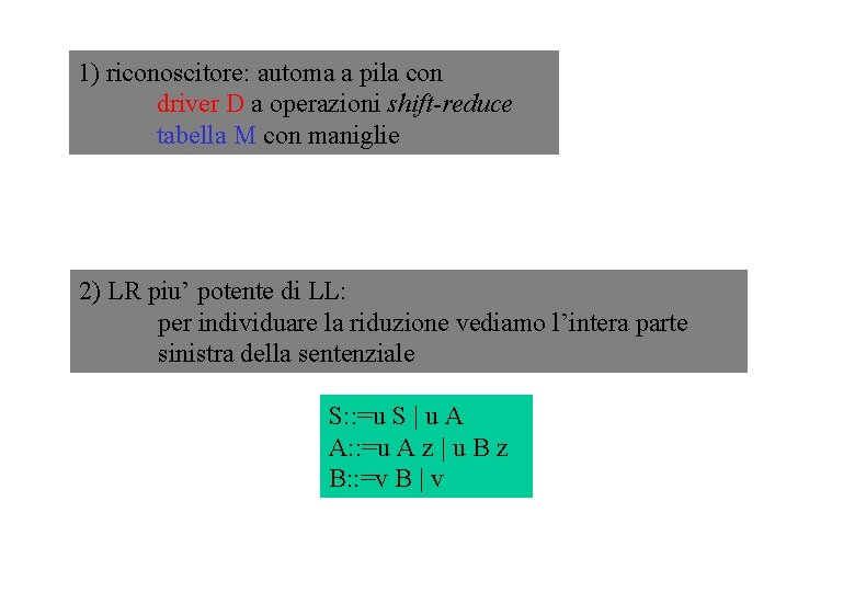 1) riconoscitore: automa a pila con driver D a operazioni shift-reduce tabella M con