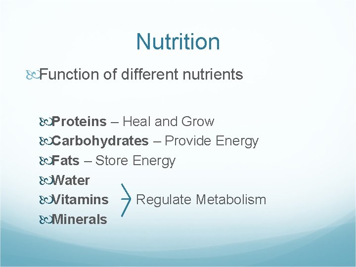 Nutrition Function of different nutrients Proteins – Heal and Grow Carbohydrates – Provide Energy
