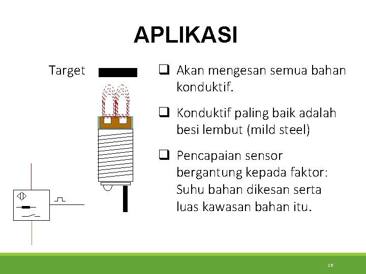 APLIKASI Target q Akan mengesan semua bahan konduktif. q Konduktif paling baik adalah besi