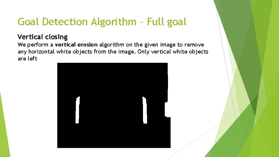 Goal Detection Algorithm – Full goal Vertical closing We perform a vertical erosion algorithm