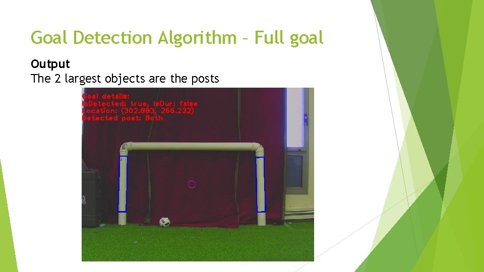 Goal Detection Algorithm – Full goal Output The 2 largest objects are the posts
