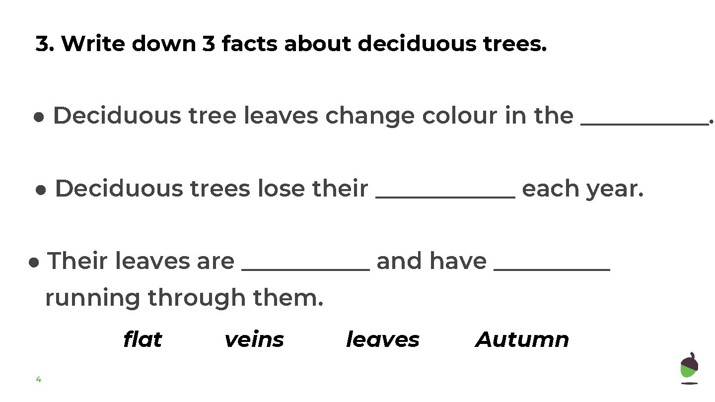 3. Write down 3 facts about deciduous trees. ● Deciduous tree leaves change colour