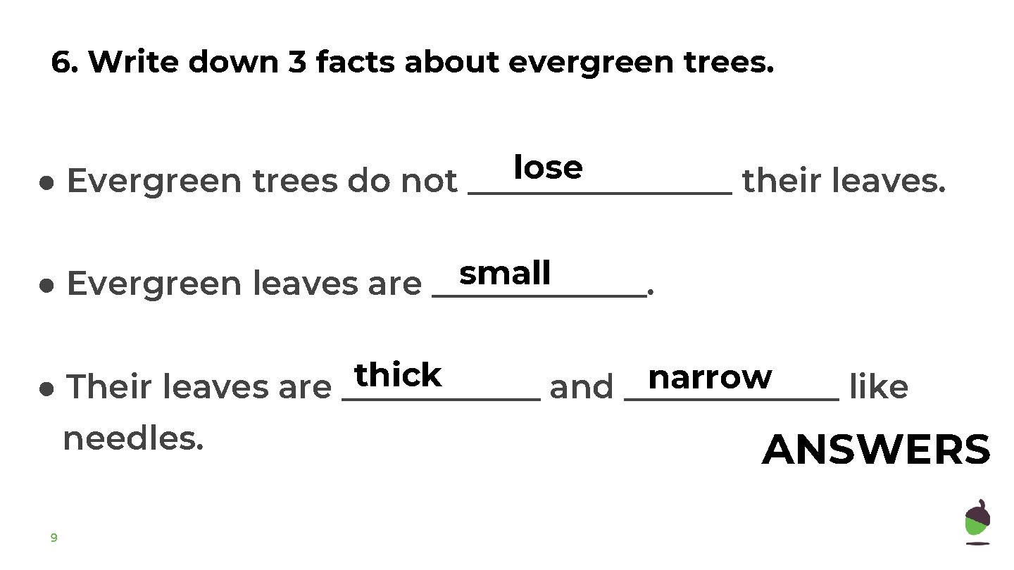 6. Write down 3 facts about evergreen trees. lose ● Evergreen trees do not
