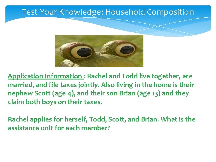 Test Your Knowledge: Household Composition Application Information : Rachel and Todd live together, are