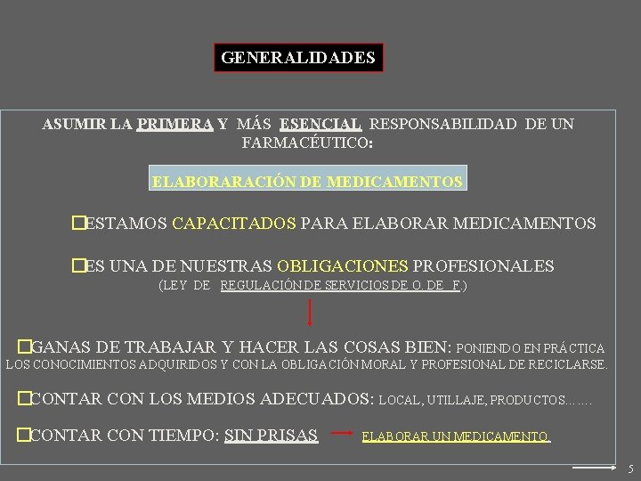 GENERALIDADES ASUMIR LA PRIMERA Y MÁS ESENCIAL RESPONSABILIDAD DE UN FARMACÉUTICO: ELABORARACIÓN DE MEDICAMENTOS