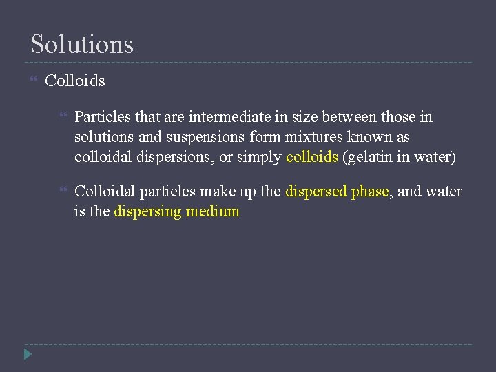Solutions Colloids Particles that are intermediate in size between those in solutions and suspensions