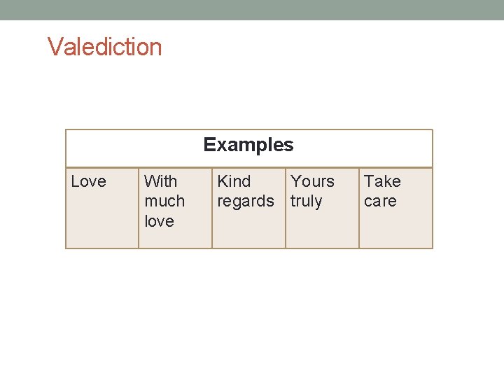 Valediction Examples Love With much love Kind Yours regards truly Take care 