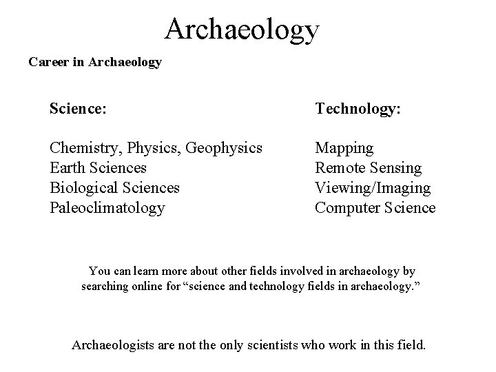 Archaeology Career in Archaeology Science: Technology: Chemistry, Physics, Geophysics Earth Sciences Biological Sciences Paleoclimatology