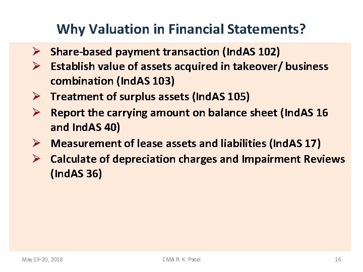 Why Valuation in Financial Statements? Ø Share-based payment transaction (Ind. AS 102) Ø Establish