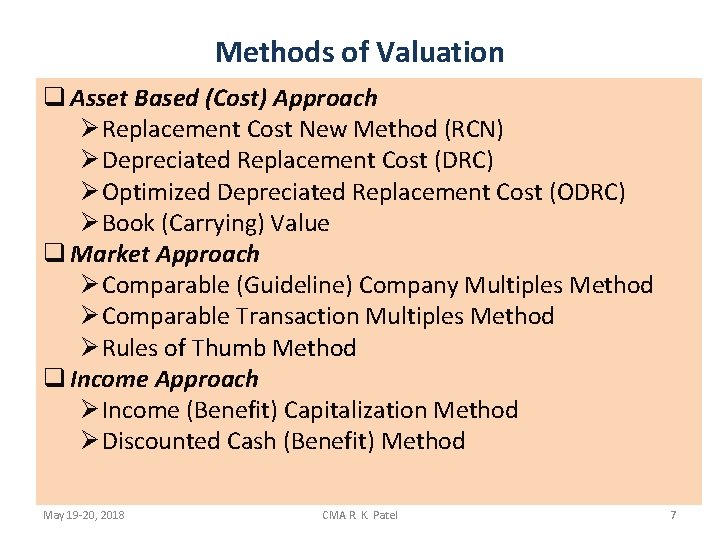 Methods of Valuation q Asset Based (Cost) Approach Ø Replacement Cost New Method (RCN)