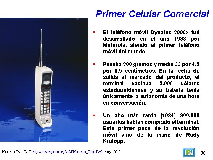Primer Celular Comercial El teléfono móvil Dynatac 8000 x fué desarrollado en el año