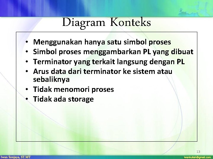 Diagram Konteks Menggunakan hanya satu simbol proses Simbol proses menggambarkan PL yang dibuat Terminator