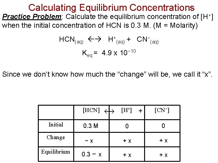 Calculating Equilibrium Concentrations Practice Problem: Calculate the equilibrium concentration of [H+] when the initial