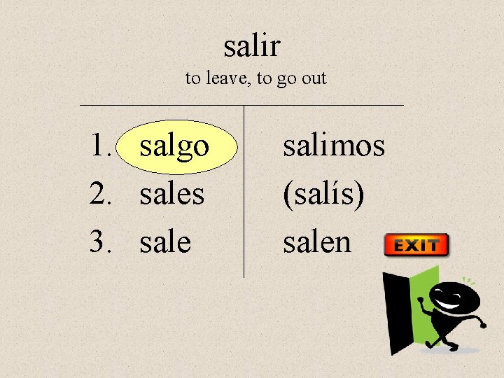 salir to leave, to go out 1. salgo 2. sales 3. sale salimos (salís)